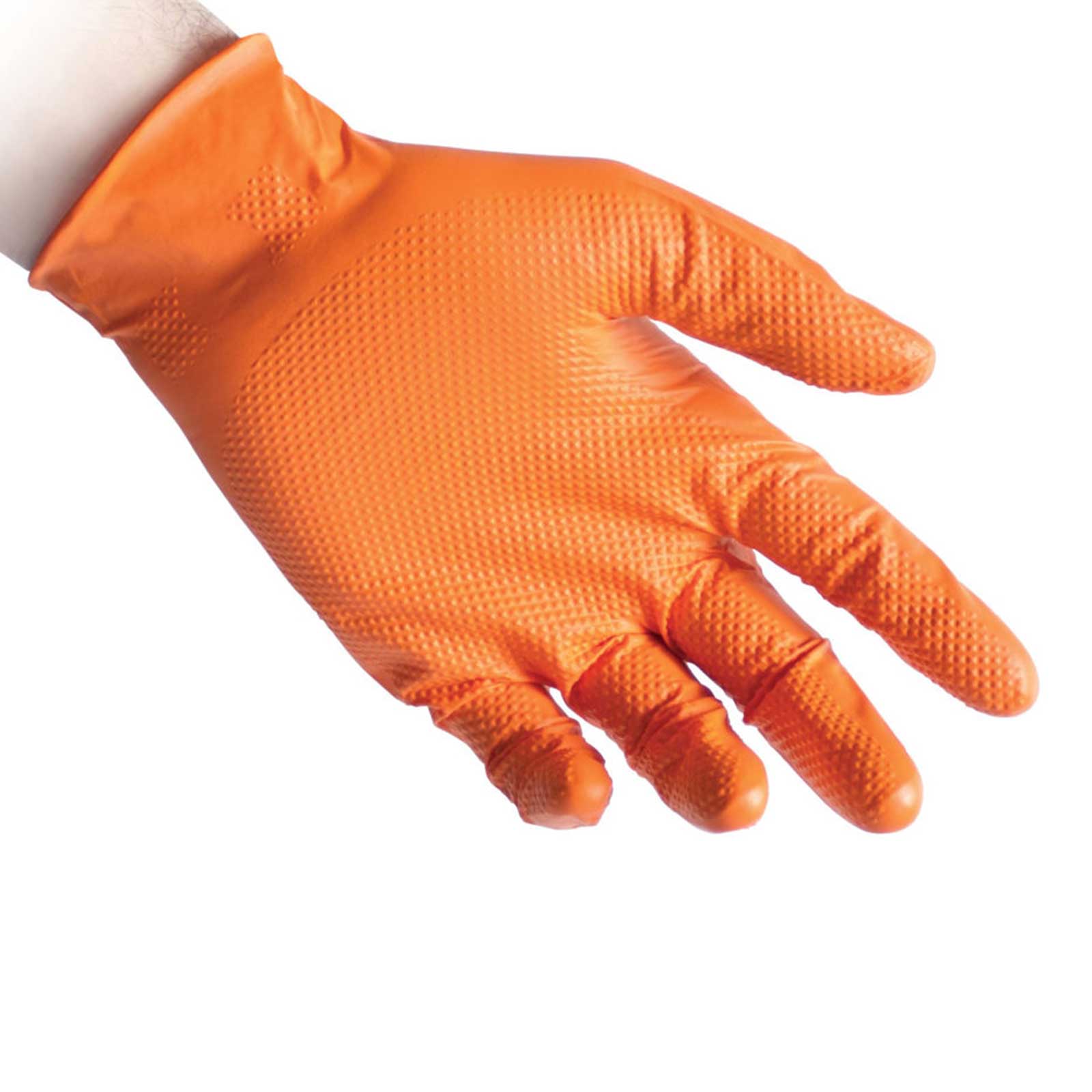 Guanti-in-nitrile-senza-polvere-ultra-resistente-Full-Grip-N85-Arancione-50-pezzi-Reflexx-indossati Guanti in nitrile senza polvere ultra resistente Full Grip N85 Arancione 50 pezzi Reflexx